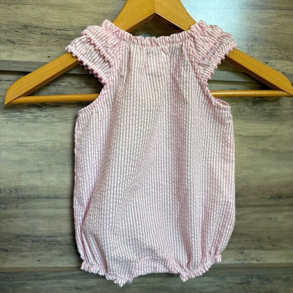 Mud Pie Pink & White Striped Seersucker Ruffle Romper w/ Tennis Racquets & Ball - Picture 8 of 11
